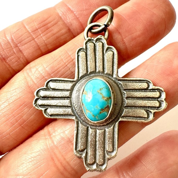 Native American Indian Jewlery Navajo Turquoise Jewelry - Navajo Zia Symbol Pendant Turquoise 1.75in NM Signed K Billah Sterling Native